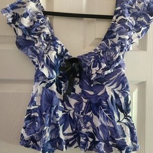 Blue and white floral blouse